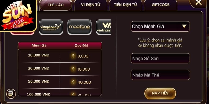 Nạp Rút Tiền Sunwin - Hướng dẫn quy trình nạp rút tiền nhanh 2 Cách nạp tiền Sunwin
